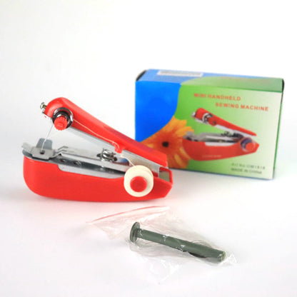 Red handheld sewing machine with accessories on a white background