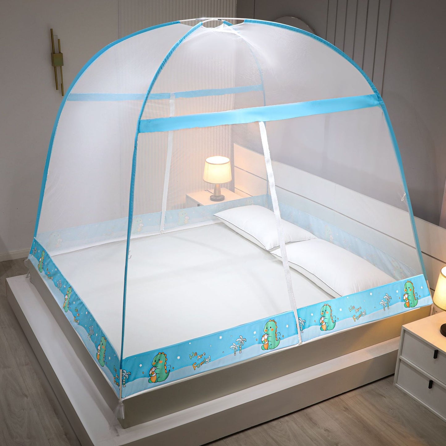 Children's bed with a blue and white canopy in a bedroom setting