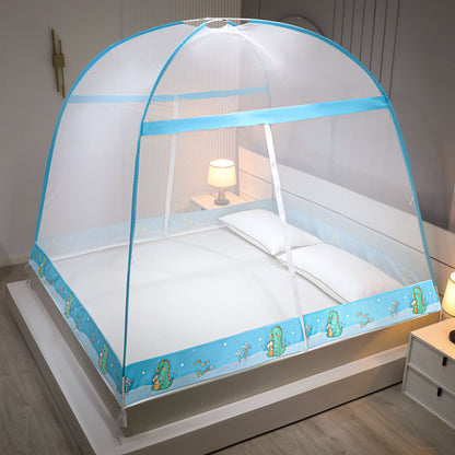 Children's bed with a blue and white canopy in a bedroom setting