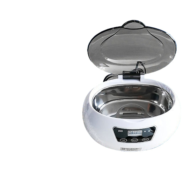 Ultrasonic cleaner with open lid on a blue background with measurements.