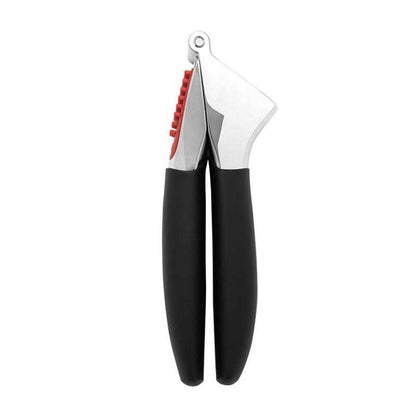 Garlic press with black handles and a silver head on a white background