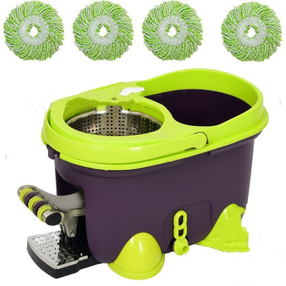 Mop bucket with green handle and four green mop heads on a white background