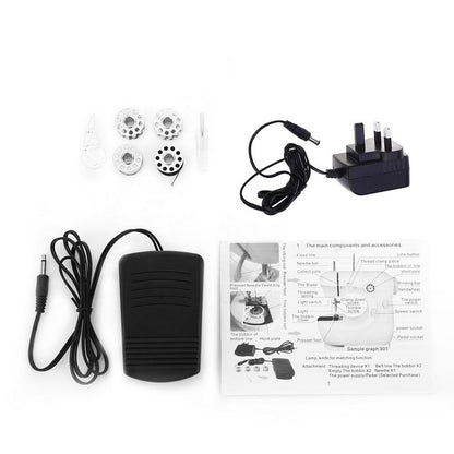 Sewing machine components including a foot pedal, power adapter, and user manual on a white background.