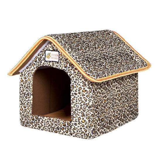 Leopard print pet house with a white background