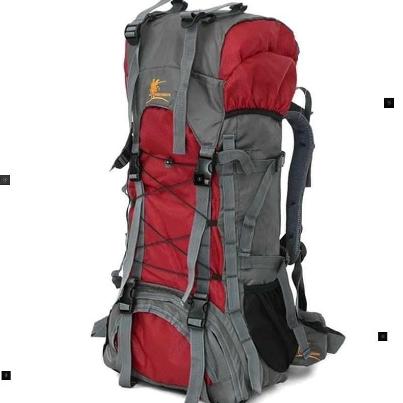 Red and gray backpack on a white background