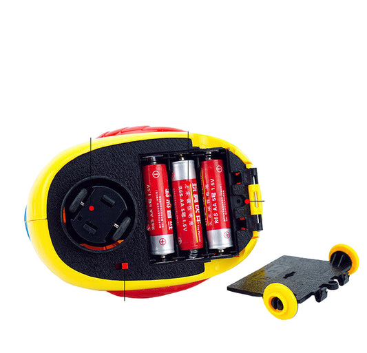 Toy robot with battery compartment on a white background