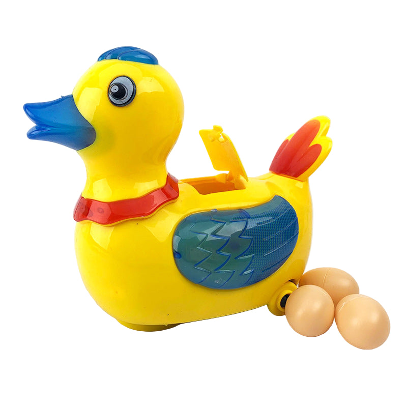 Yellow duck toy with wings and eggs, shown with measurements on a white background