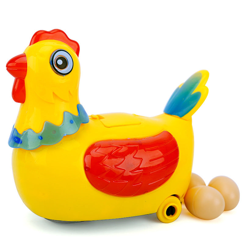 Colorful toy chicken with moving parts on a white background