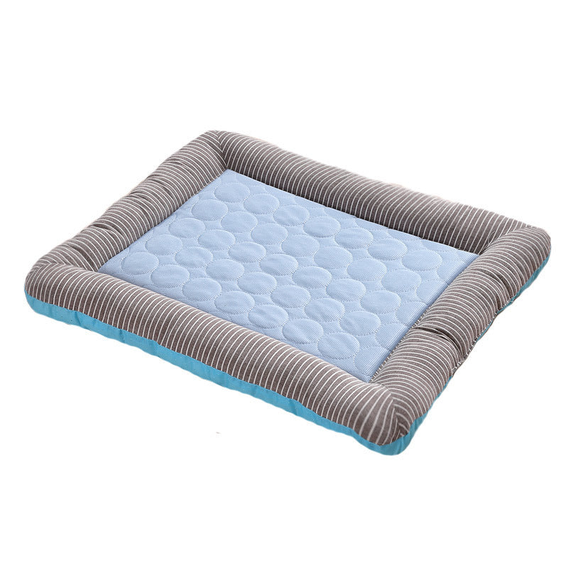 Pet bed with blue cushion and brown border on a white background