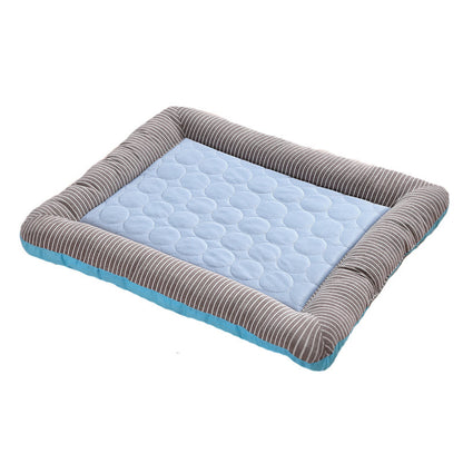 Pet bed with blue cushion and brown border on a white background