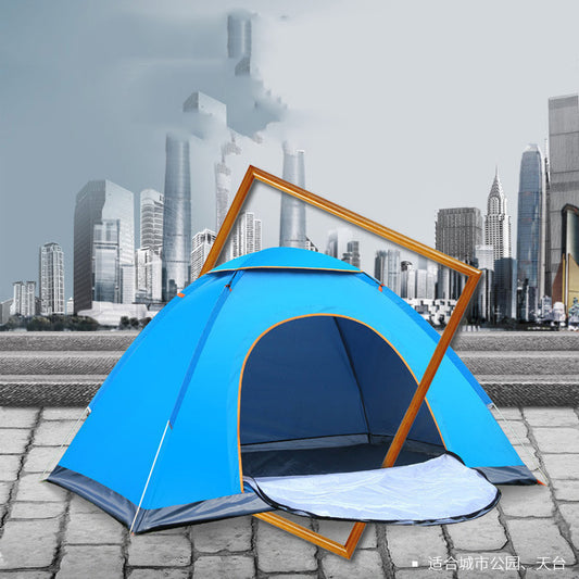 Blue camping tent with orange accents on a cityscape background