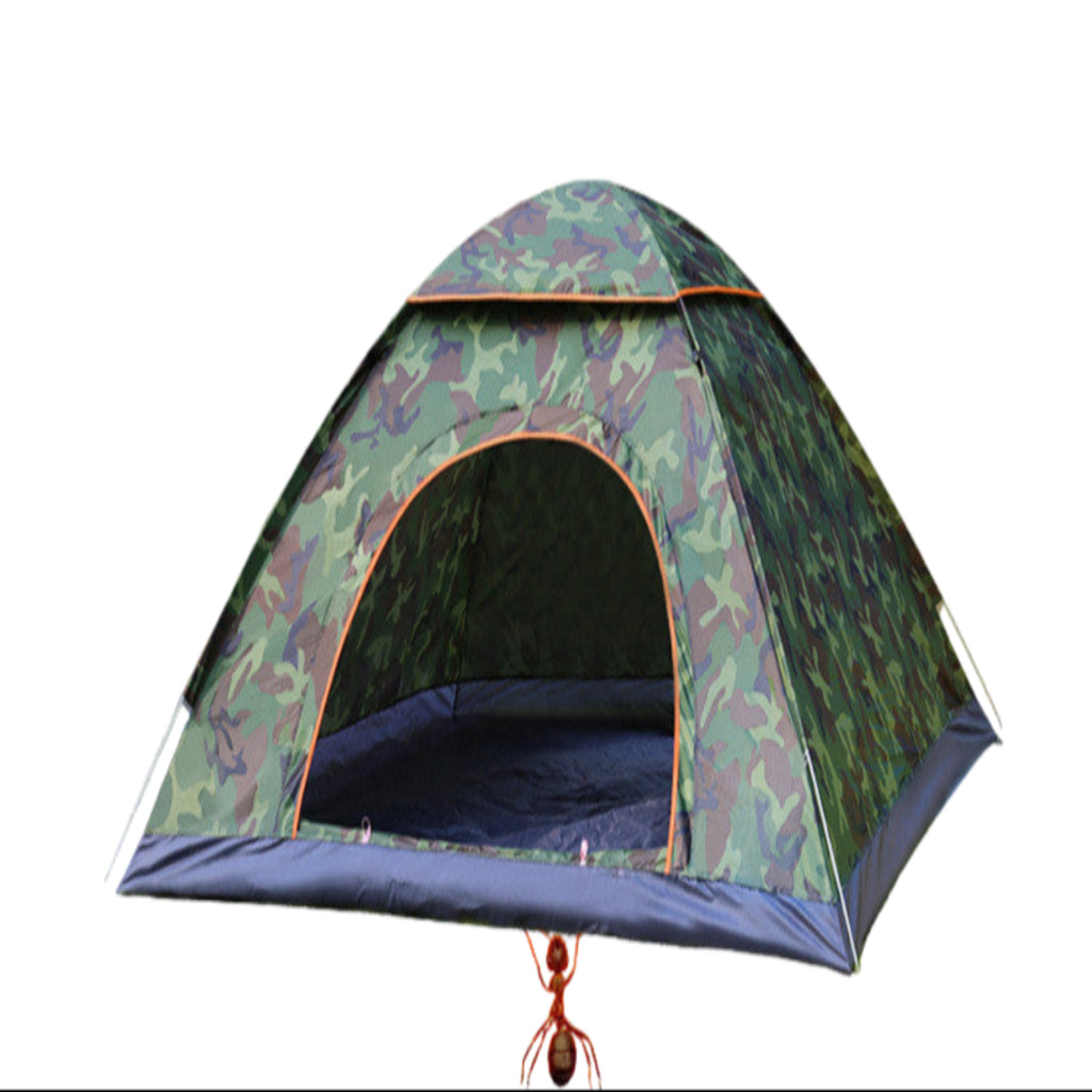 Camouflage-patterned tent on grass with a blue sky background