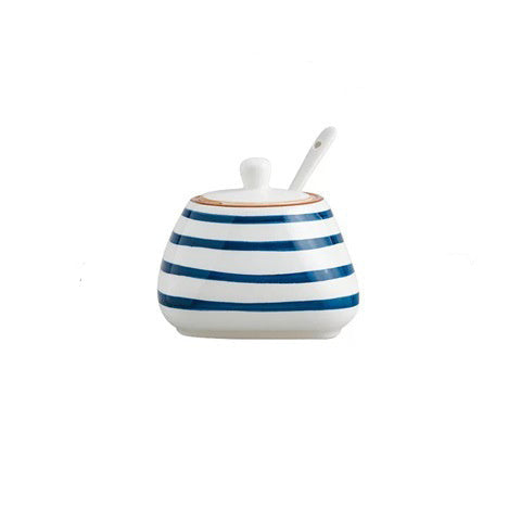 Ceramic container with blue stripes and a spoon, showing dimensions on a white background