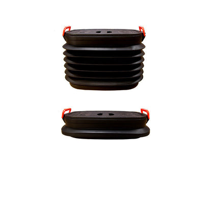 Black inflatable container with dimensions and volume label on a white background