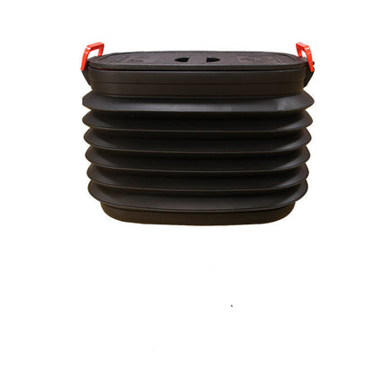 Black inflatable container with dimensions and volume label on a white background