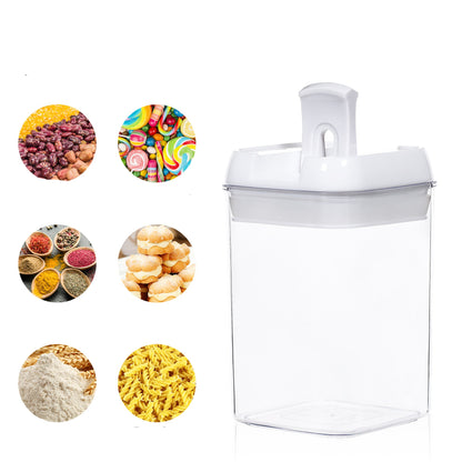 White airtight container with images of grains, candies, spices, snacks, and flour on a white background.