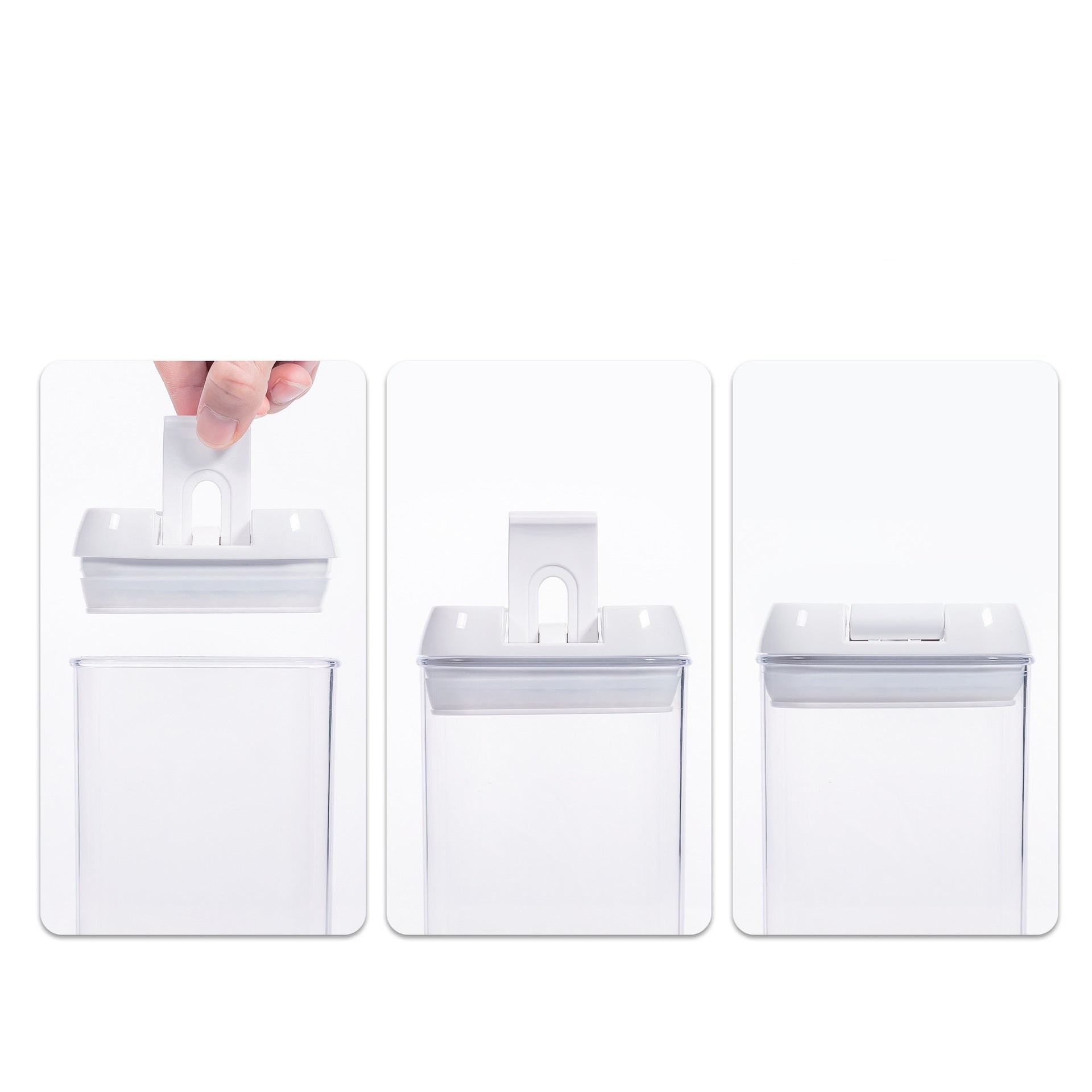 Illustration of a special design airtight lid with steps to open, unlock, and lock.
