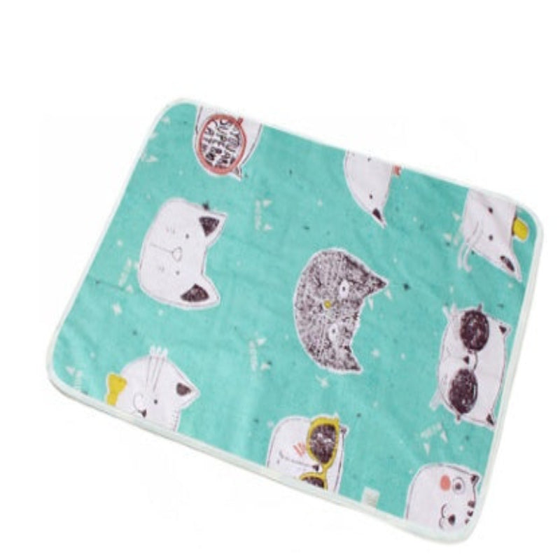 Teal rug with cat pattern on a white background
