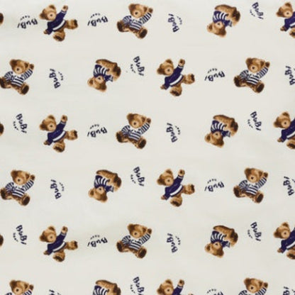 Pattern of teddy bears wearing striped shirts on a white background