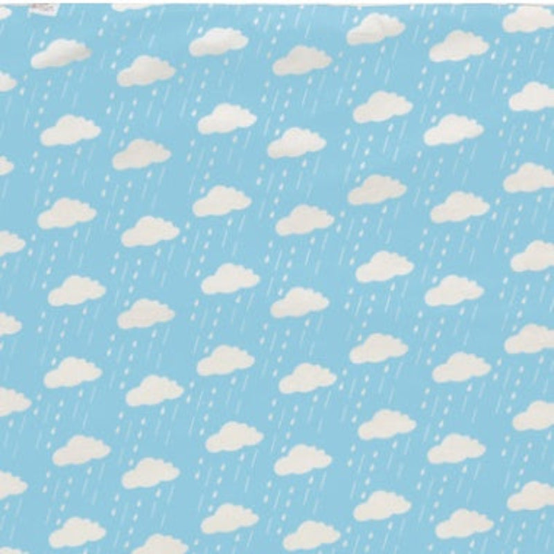 Pattern of white clouds and raindrops on a blue background