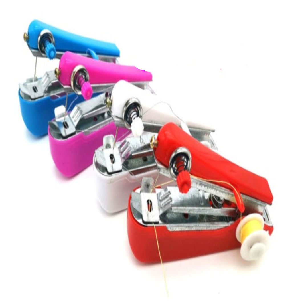 Colorful sewing machines with a pink one highlighted on a white background
