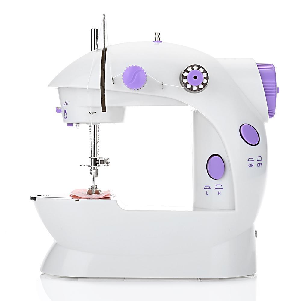 White sewing machine with purple controls on a white background