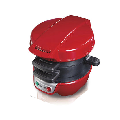 Red and black appliance with dimensions labeled on a white background