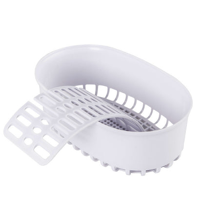 White plastic strainer on a white background