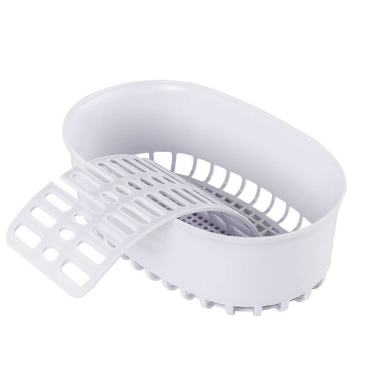 White plastic strainer on a white background