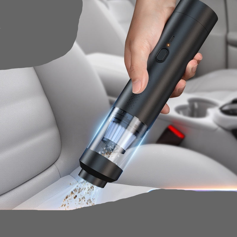 Handheld vacuum cleaner being used in a car with text highlighting features like wireless, lightweight, dual-purpose, high power, and strong suction.