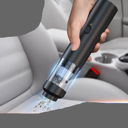 Handheld vacuum cleaner being used in a car with text highlighting features like wireless, lightweight, dual-purpose, high power, and strong suction.