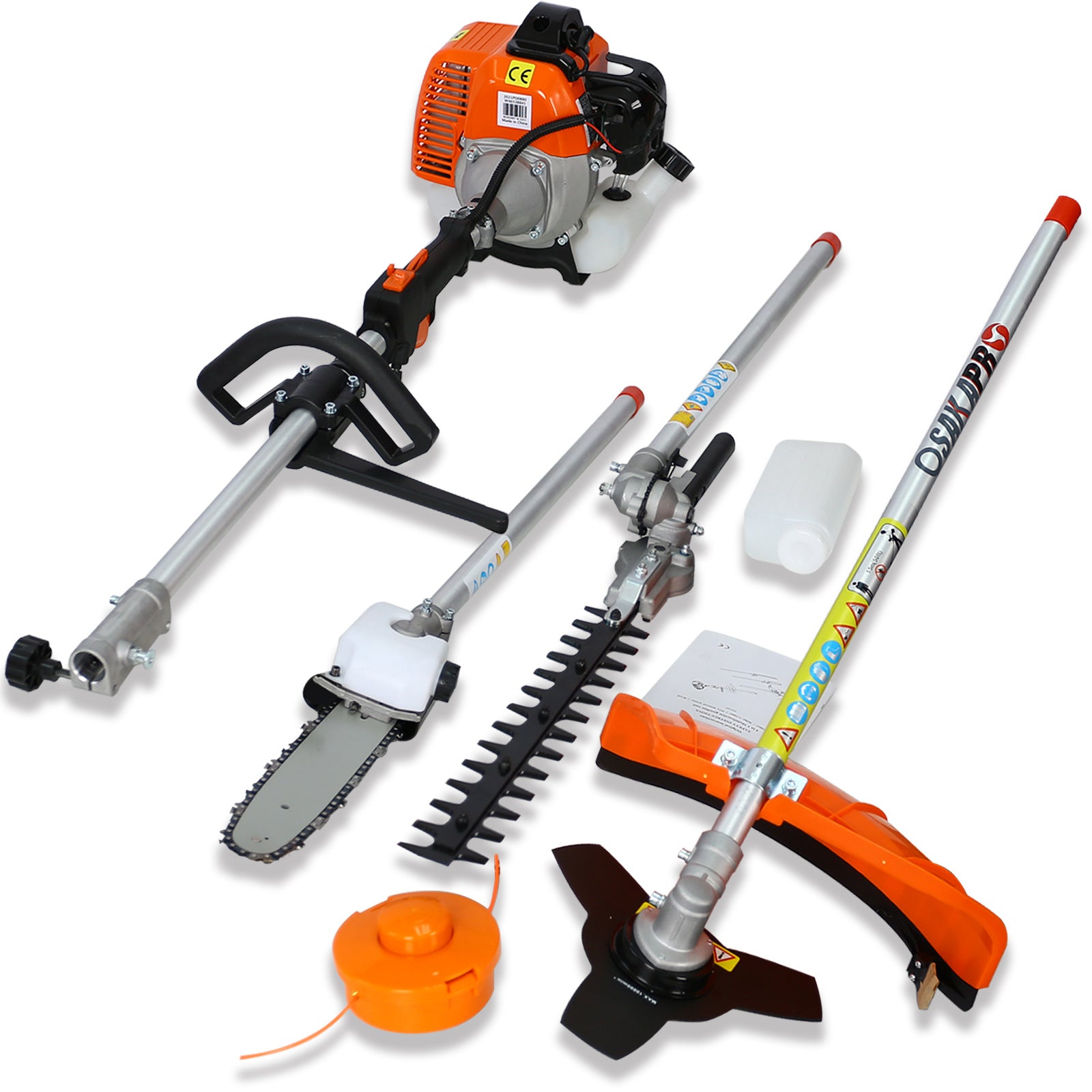 Set of gardening tools including a chainsaw, hedge trimmer, and brush cutter on a white background.