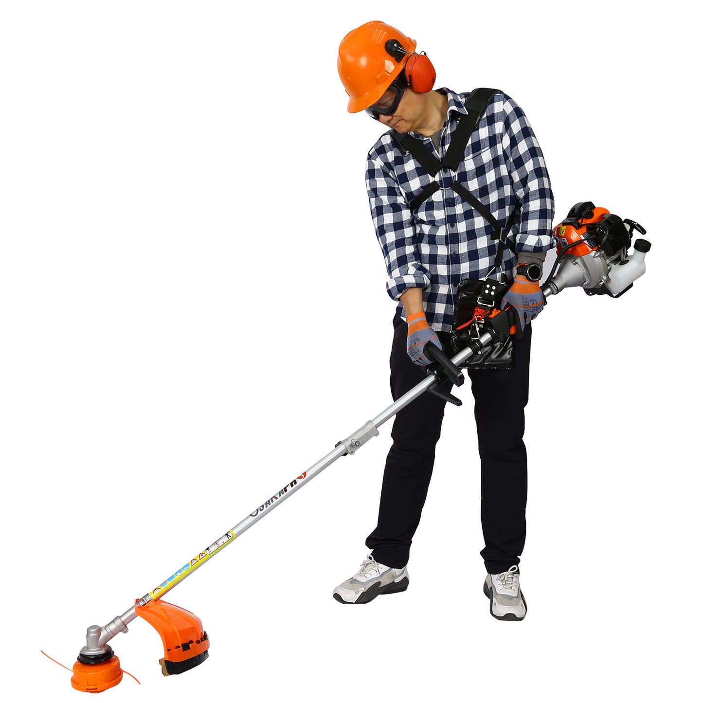 Person using a string trimmer with a white background