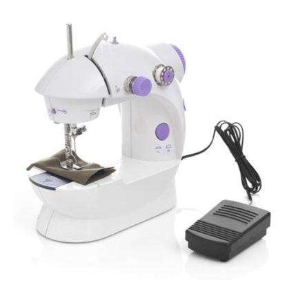 White sewing machine with purple controls on a white background