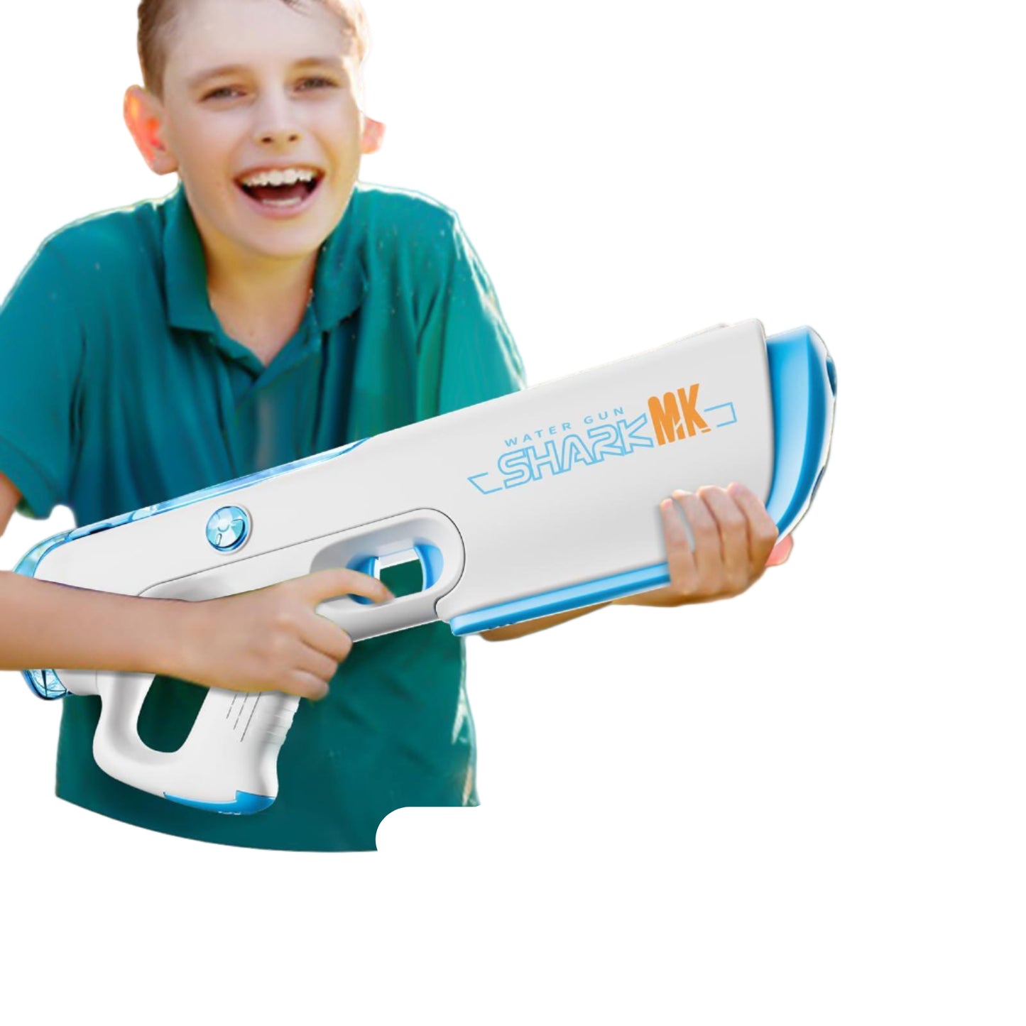 Child holding a water gun with promotional text for summer fun and friends.