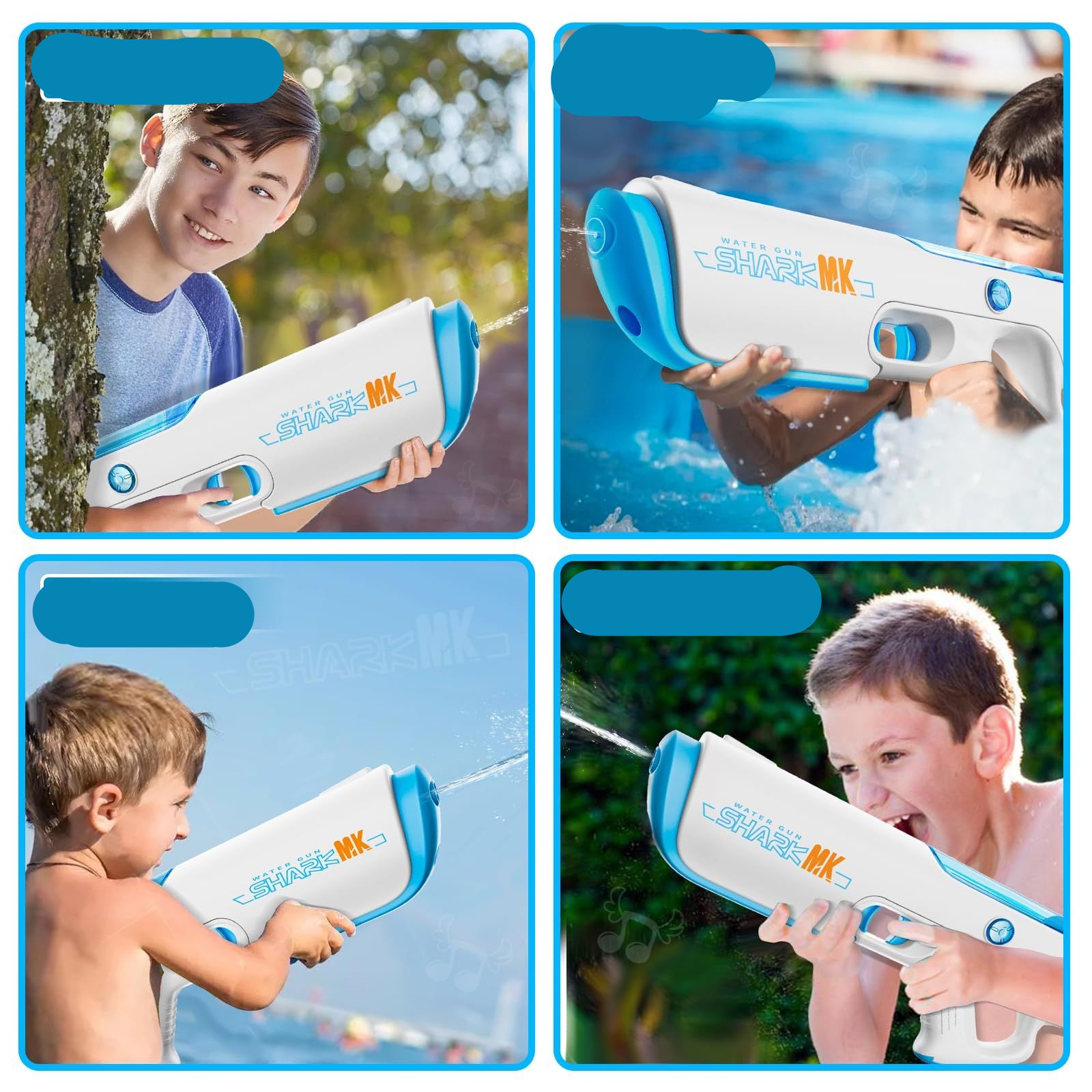 Four scenarios showing a child using a water gun in different settings: backyard, pool, seaside, and outdoors.