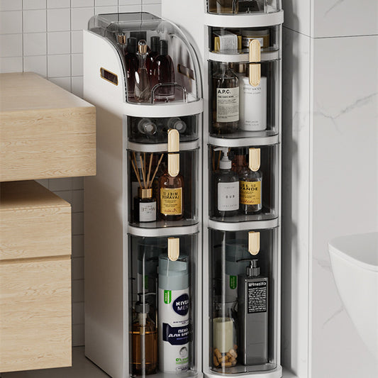 Corner storage unit with various bottles and products in a bathroom setting