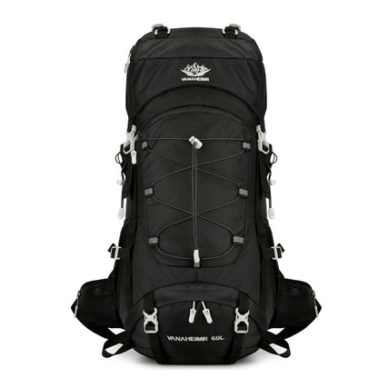 Black backpack with visible brand logo on a white background