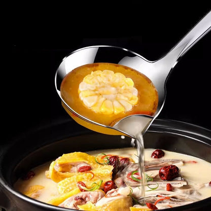 Spoon lifting a portion of soup from a pot with text about separating fat without reducing nutrition.