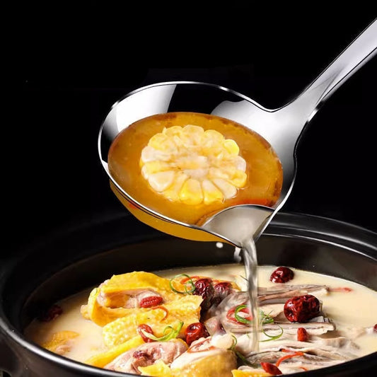 Spoon lifting a portion of soup from a pot with text about separating fat without reducing nutrition.