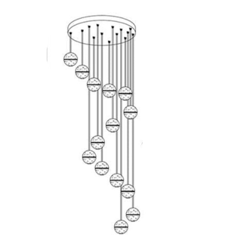 Diagram of a decorative hanging light fixture with specifications on a white background