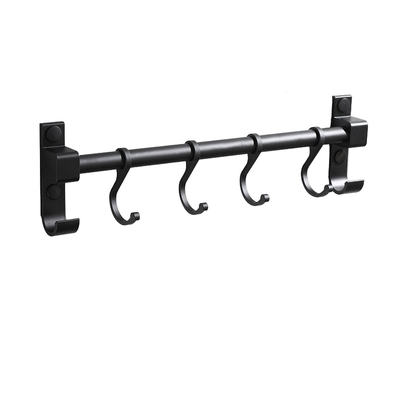 Black curtain rod with hooks and measurements on a white background