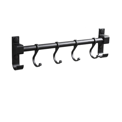 Black curtain rod with hooks and measurements on a white background