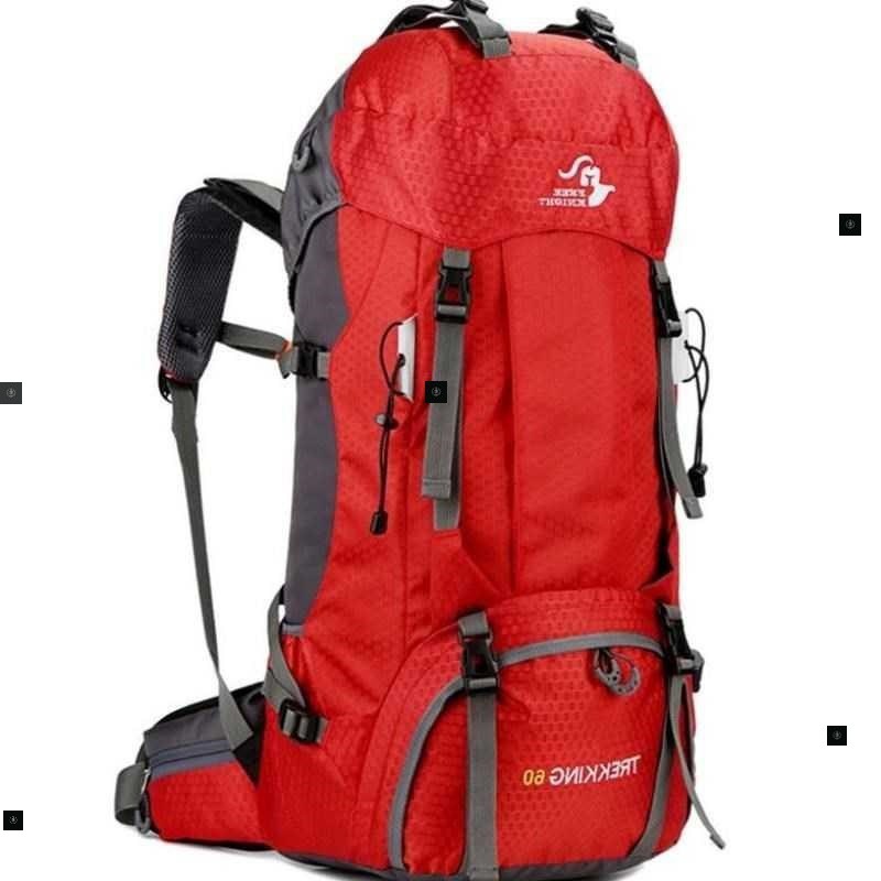 Red hiking backpack with gray straps on a white background