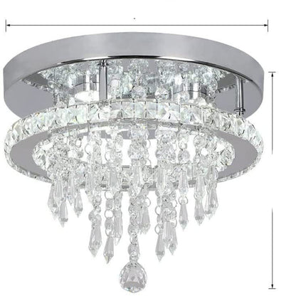 Chandelier with crystal design and dimensions labeled on a white background