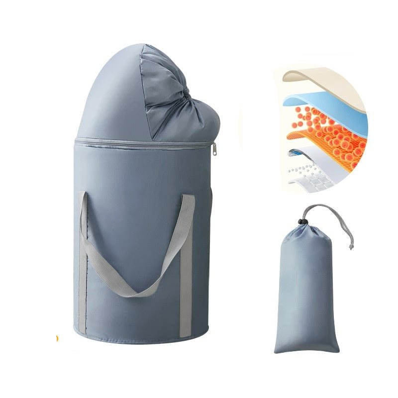 Gray insulated bag with dimensions and temperature lock feature illustration on a white background