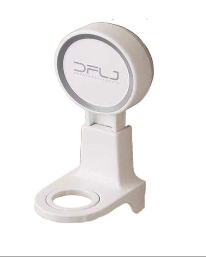 White suction cup bottle hanger with dimensions and product usage on a tiled wall background