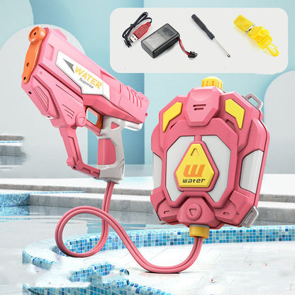 Pink water gun with accessories on a poolside background