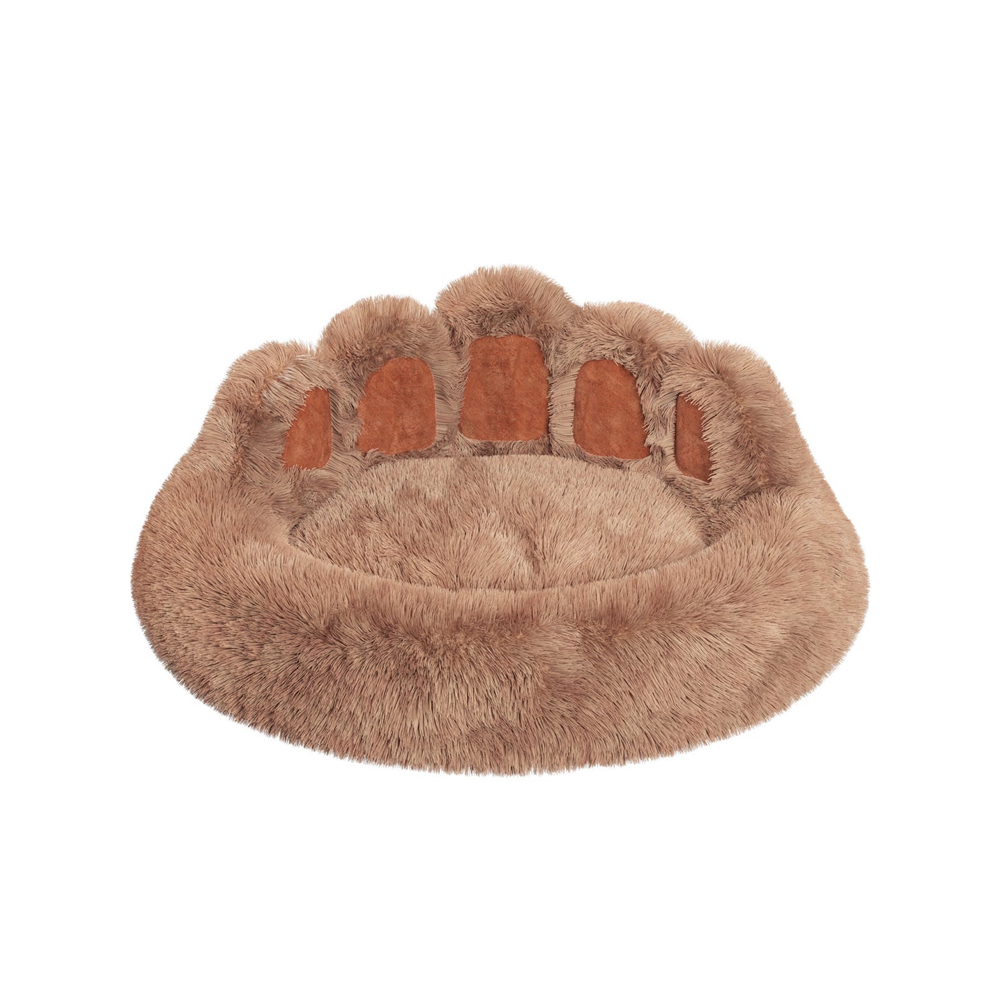 Fur-like paw-shaped pet bed on a white background