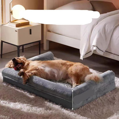 Dog lying on a neck-care pillow in a bedroom setting